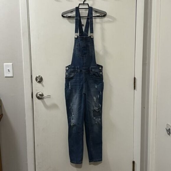 Eighty Two Womens Juniors Denim Overalls Distressed Blue Medium Wash Size 03 - Picture 2 of 12